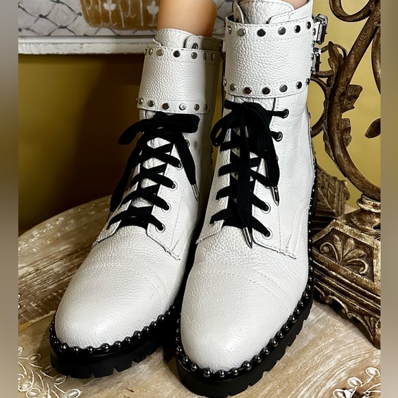 NWOT 💠 Sam Edelman “Jennifer” Combat-Moto Boots in Off-White Leather Size 9 - Picture 2 of 15